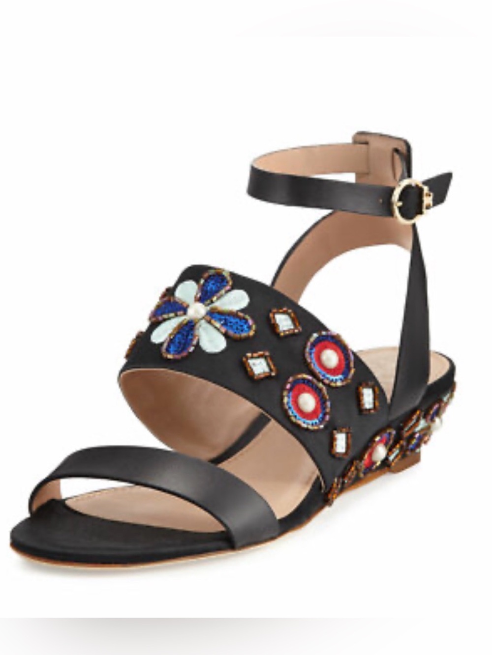 Tory Burch Estella Wedge Sandal embroidered black satin Sz 11